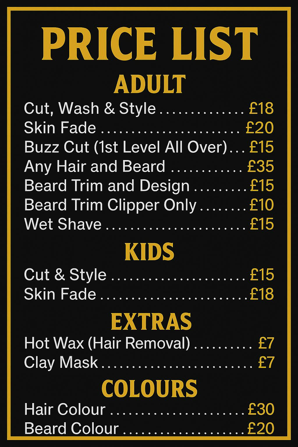 Zaza Fade official price list board